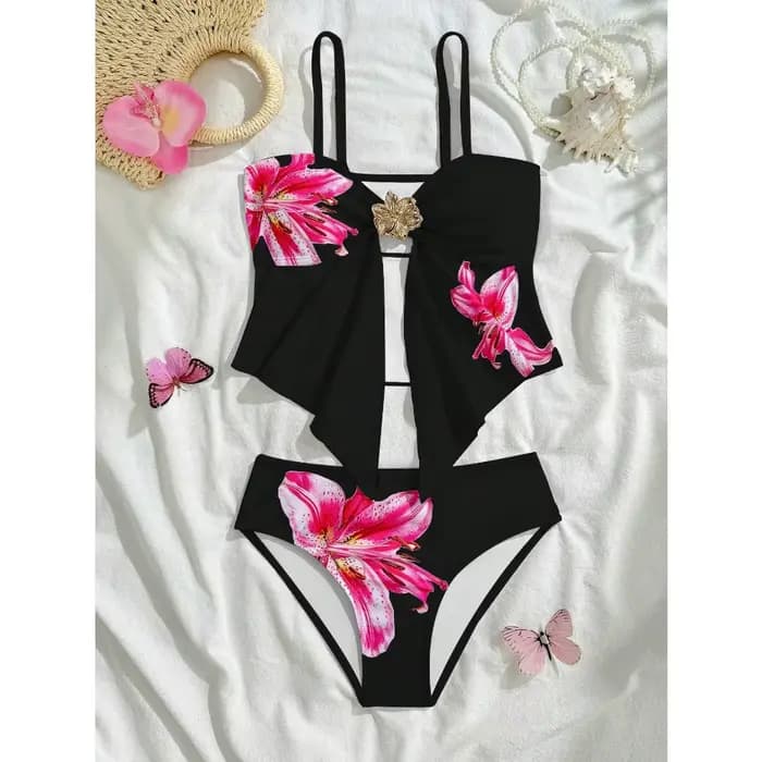 Maillot de bain à fleurs taille haute pour filles de 7 à 16 ans, maillot de bain d'été pour enfants, imprimé Biquini, ensemble de bikini rose pour adolescentes
