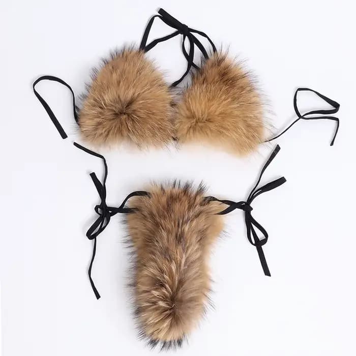 Bikini en Fourrure Naturelle pour Femme, Bikini en Vraie Fourrure de Renard