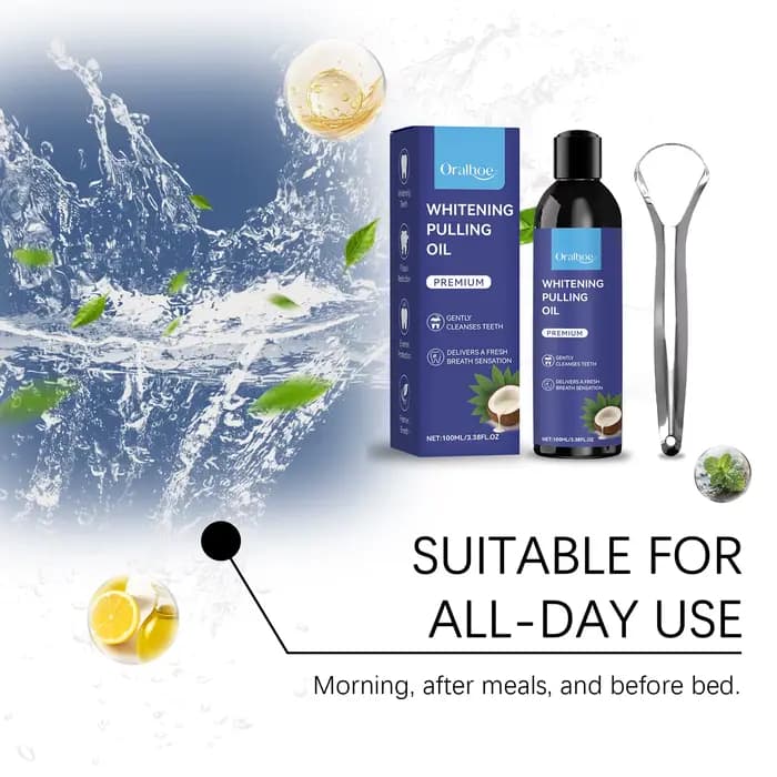 Bain de bouche à l'huile de coco et à la menthe poivrée pour un nettoyage en profondeur des dents et des gencives, haleine fraîche avec gratte-langue