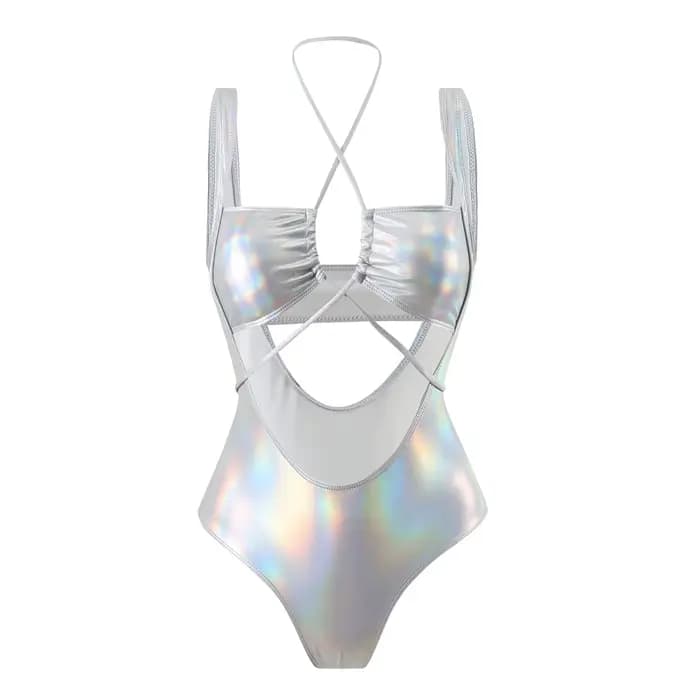 Maillot de bain une pièce sexy à paillettes métalliques, style halter, échancré, à nouer, pour femme, type bikini, body, tankini