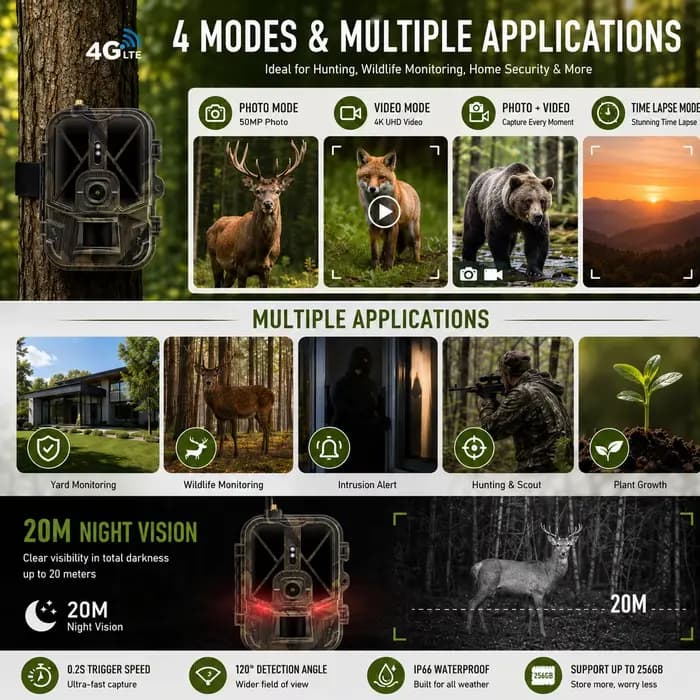 Caméra de chasse 4G HD en direct HC-940PRO-AA, carte SIM intégrée, 120MP 4K, application sans fil et stockage cloud, étanche IP66