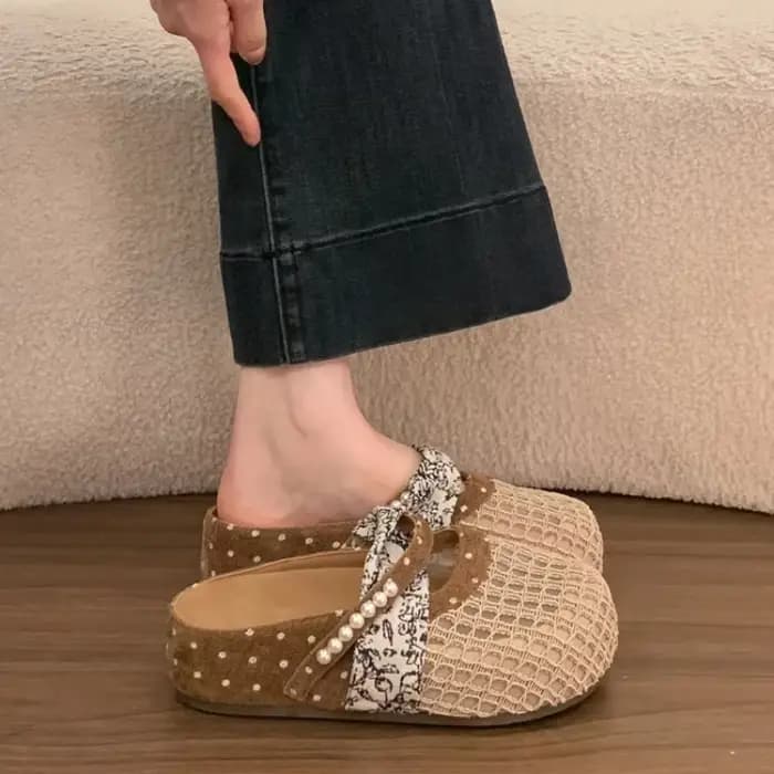 Mules Mary Jane en maille respirante pour femmes, sandales à pois français avec perles, confortables pour pieds larges, semelle souple, pantoufles à bout fermé