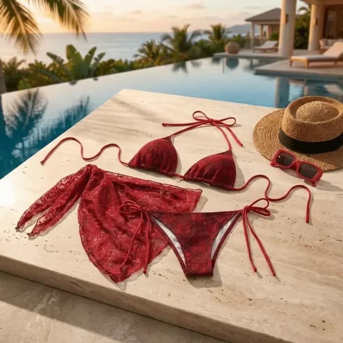 Ensemble de bikini brésilien sexy décontracté à bretelles, jupe de plage en maille, maillot de bain trois pièces en nylon, bikinis en dentelle rouge pour l'été