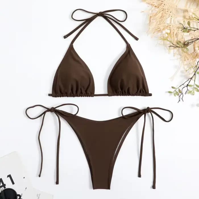 Sexy femmes string couleur unie Bikini ensemble côté licou cravate maillot de bain dames sangle fendue réglable