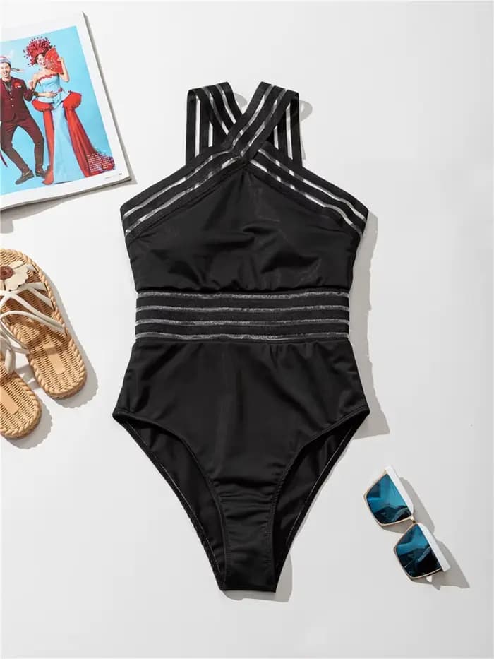 Maillot de bain une pièce sexy en maille solide 2026, col montant, croisé sur le devant, rembourré, pour femme