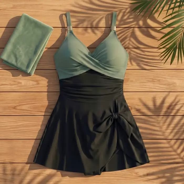 Maillot de bain femme tendance coupe ajustée sans manches col en V avec jupe plissée pour la plage