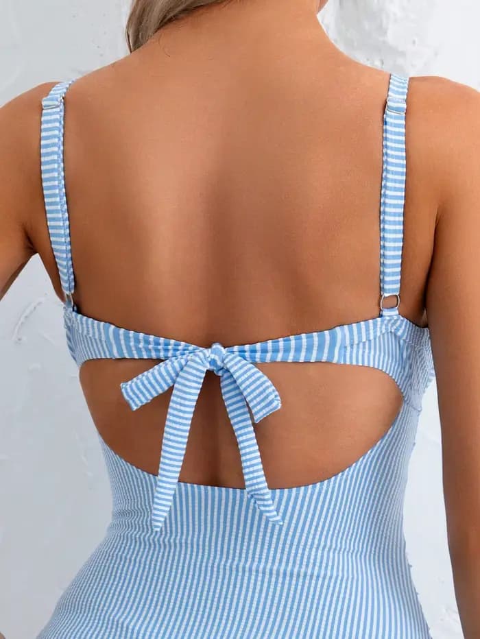 Vintage bleu ciel rayé une pièce maillot de bain 2026 femmes évider croix mince ventre contrôle maillots de bain plage vacances maillot de bain