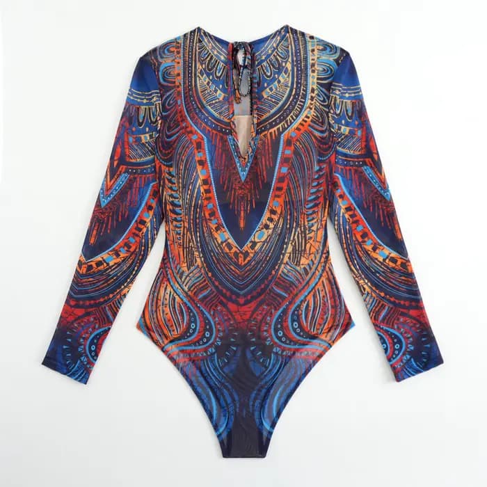 Maillot de bain une pièce vintage bleu à imprimé ethnique avec jupe longue en maille