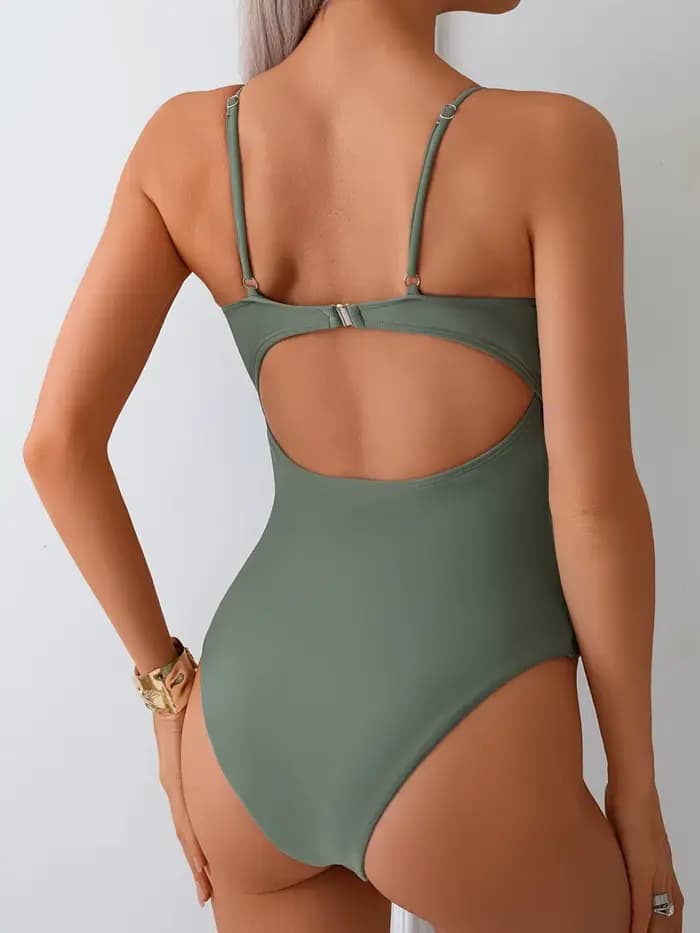 Maillot de bain une pièce imprimé léopard marron 2026 pour femme, col en V profond, style vintage évidé, tenue de plage