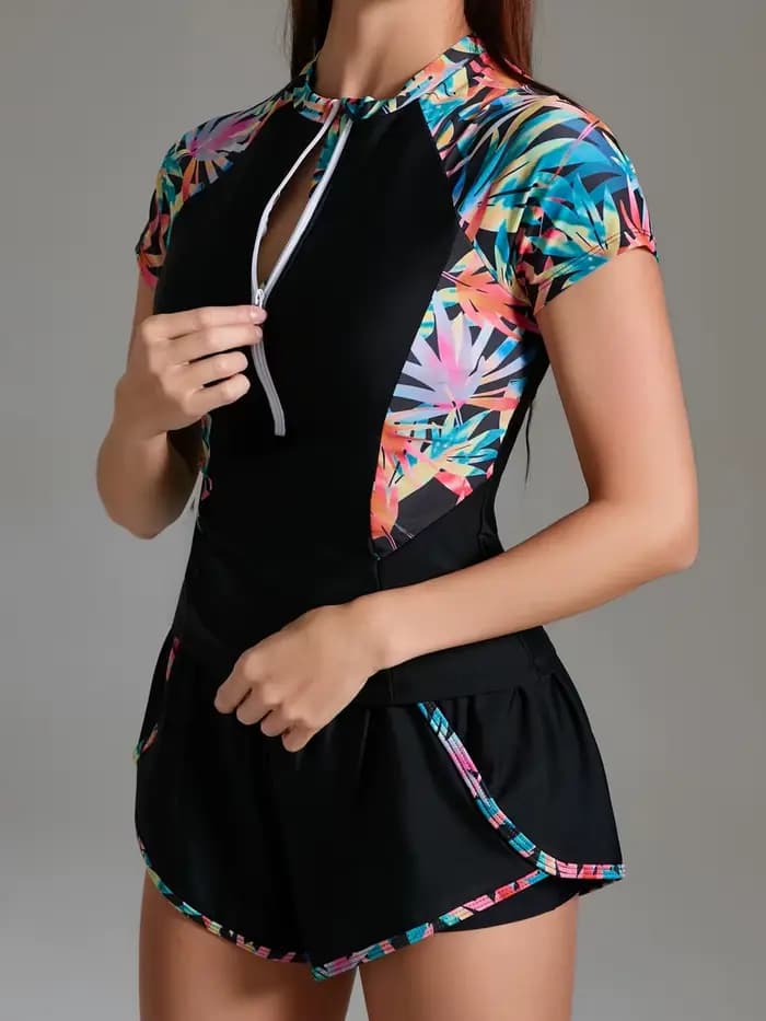 Maillot de bain sportif deux pièces pour femme 2026 avec fermeture éclair et imprimé – Tenue de surf et de plongée pour femmes