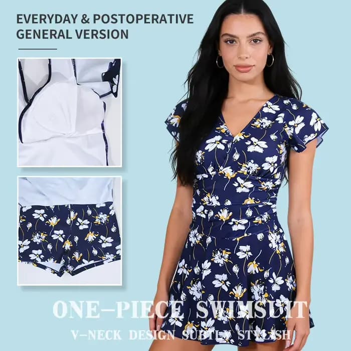 Maillot de bain 2-en-1 LERVANLA pour femme post-mastectomie, col en V, manches courtes, froncé, couvrant, pour la poitrine