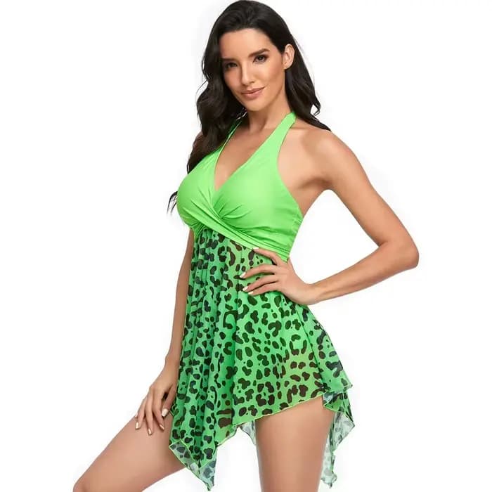 Maillot de bain d'été imprimé pour femme, deux pièces, avec soutien-gorge rembourré asymétrique, style robe de bain, short de plage et dos nu