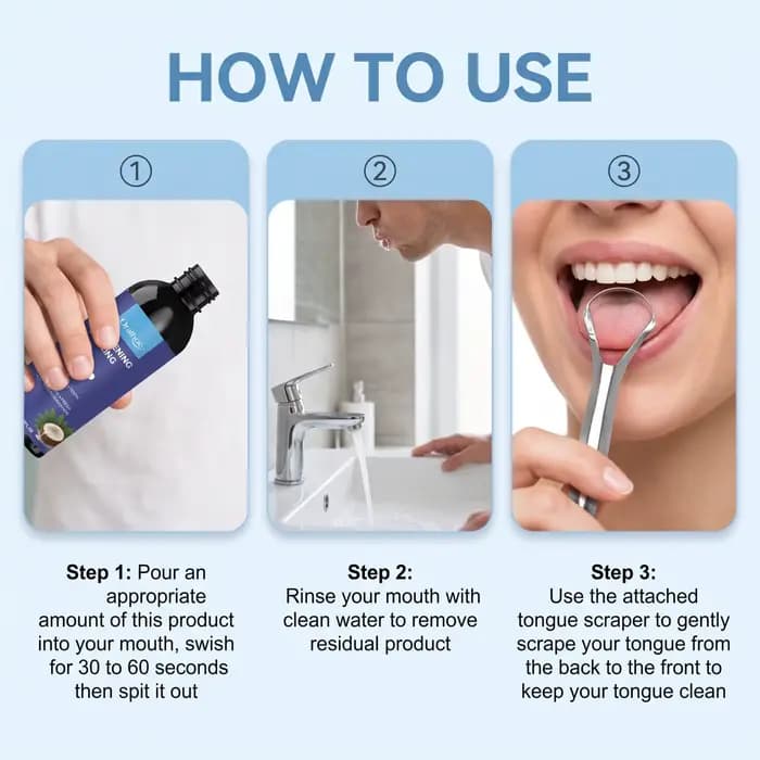 Bain de bouche à l'huile de coco Oralloe pour un nettoyage en profondeur des dents et des gencives, haleine fraîche, avec gratte-langue