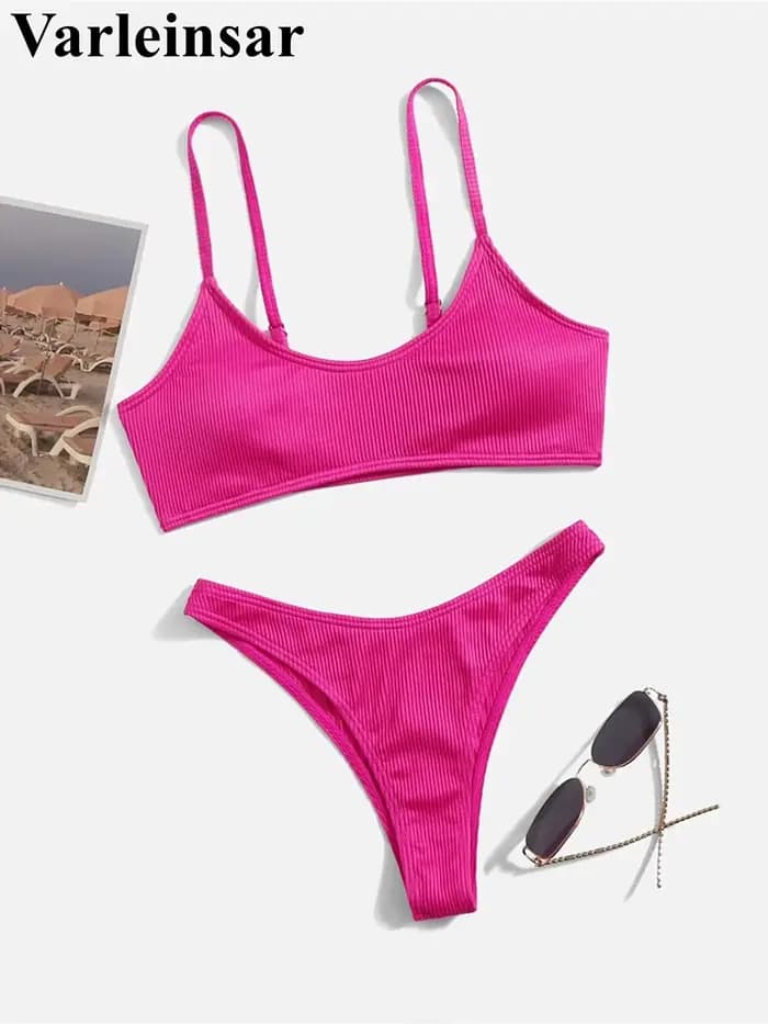 Maillot de bain bikini côtelé à coupe haute pour femme