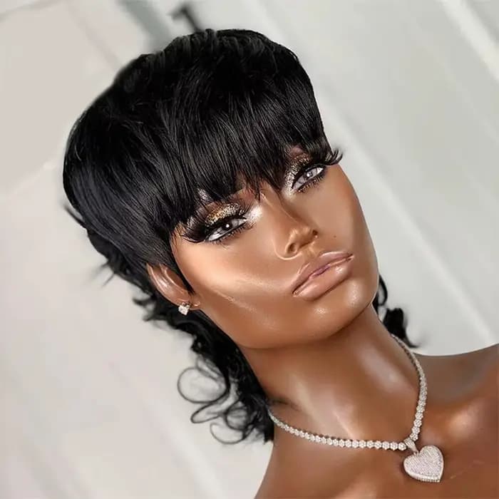 Perruque de cheveux humains 1B, cheveux courts bouclés, coupe Pixie, avec frange, Style mulet superposé, conception sans colle pour femmes, entièrement faite à la Machine