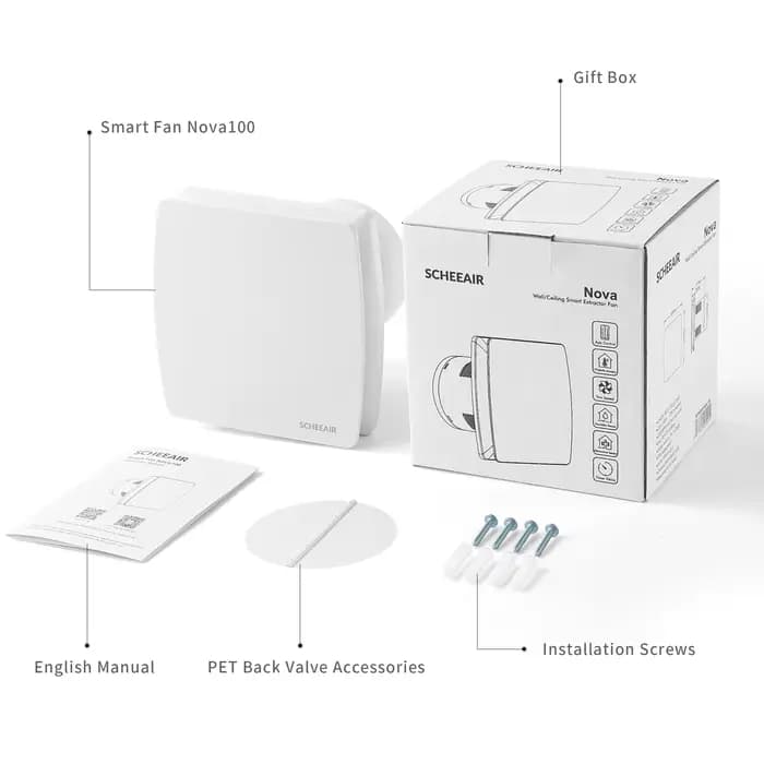 SCHEEAIR Ventilateur d'extraction d'air intelligent WIFI pour salle de bain 100 mm – Ventilateur de ventilation avec capteur d'humidité, capteur de mouvement et minuterie
