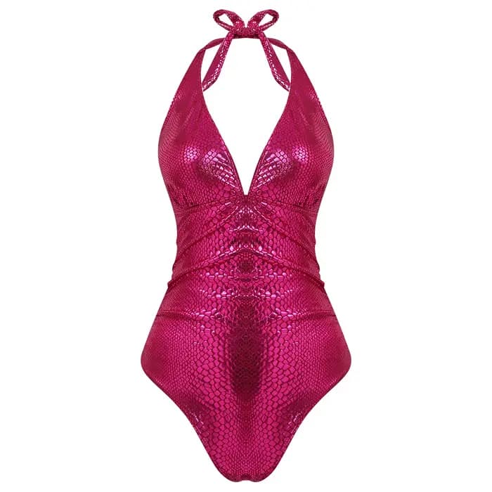 Maillot de bain une pièce brillant pour femme, motif serpent métallisé, dos nu, col en V, à lacets