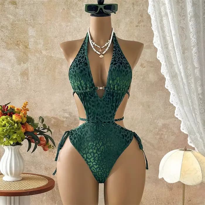 Maillot de bain une pièce sexy en velours bleu imprimé léopard, dos nu, style halter, monokini ajouré à lacets pour femme 2026