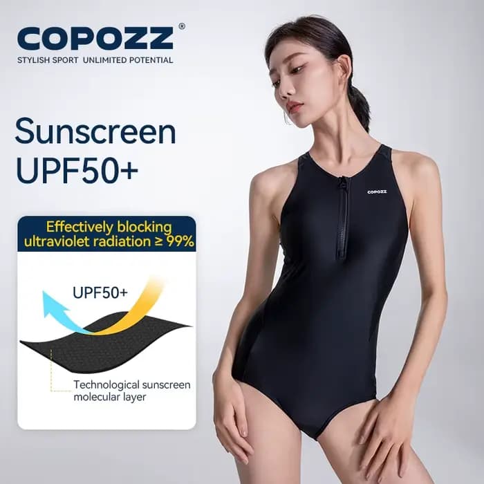 COPOZZ nouvelle femme une pièce maillot de bain solide noir plage sans manches col en V été