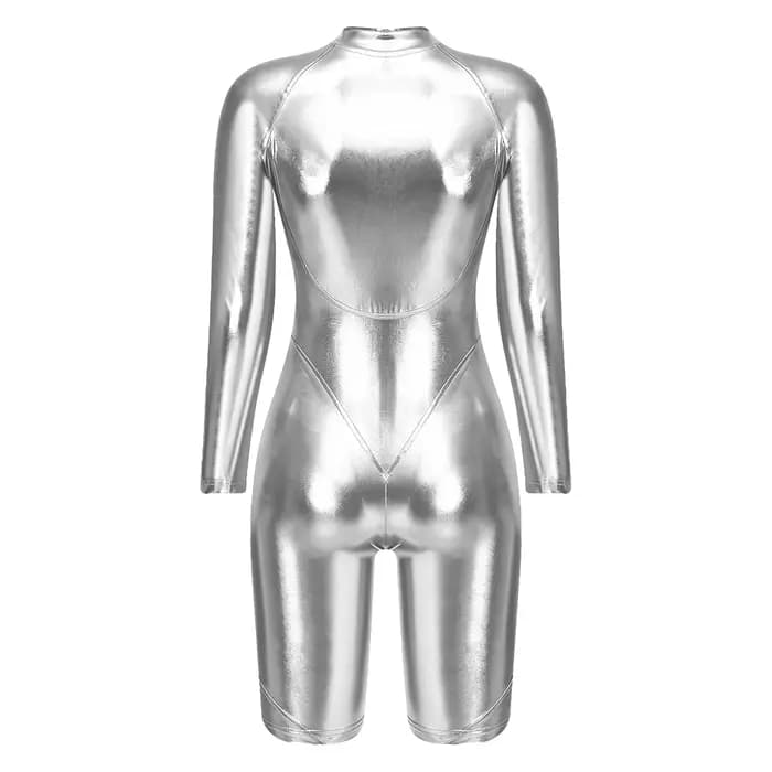 Combinaison moulante irisée à manches longues pour femme, effet métallisé brillant, short, maillot de bain une pièce, tenue de soirée disco