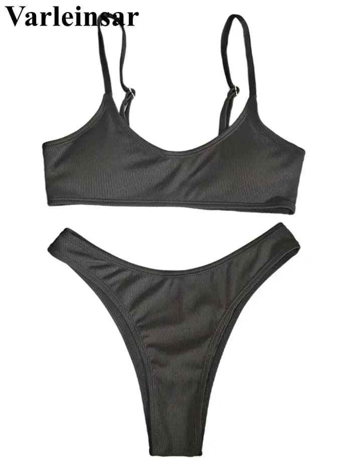 Maillot de bain bikini côtelé à coupe haute pour femme