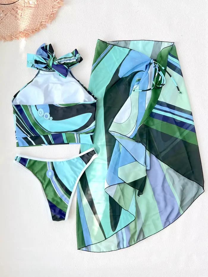 Nouveau Maillot de Bain Deux Pièces Tendance pour Femme 2026 - Design Vert et Bleu Audacieux avec Monokini Halter Unique