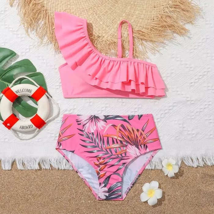 Maillot de bain imprimé floral pour filles, taille haute, bikini, ensemble deux pièces, pour la plage, pour enfants de 7 à 12 ans