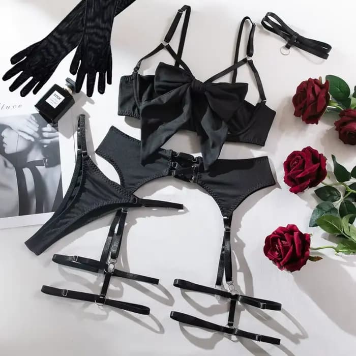 Maillot de bain bikini avec porte-jarretelles, design ajouré, ensemble trois pièces push-up, nœud de haute qualité avec gants