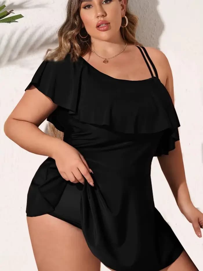 Maillot de bain deux pièces pour femmes, tankini noir, grande taille, grand bikini, une initiée à volants, vêtements de plage d'été