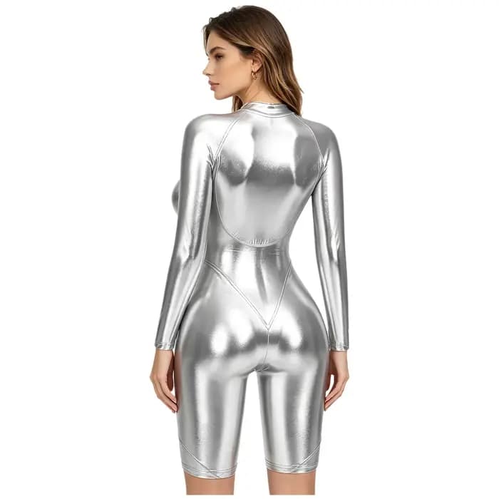 Combinaison moulante irisée à manches longues pour femme, effet métallisé brillant, short, maillot de bain une pièce, tenue de soirée disco