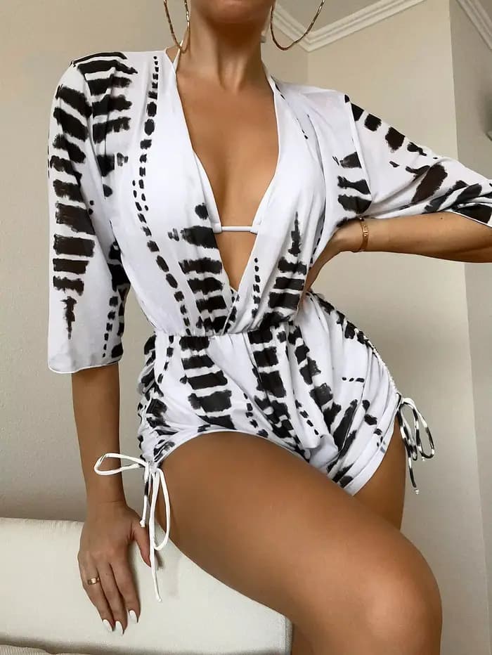 3 pièces Tankini imprimé Tropical maillot de bain licou cordon maillots