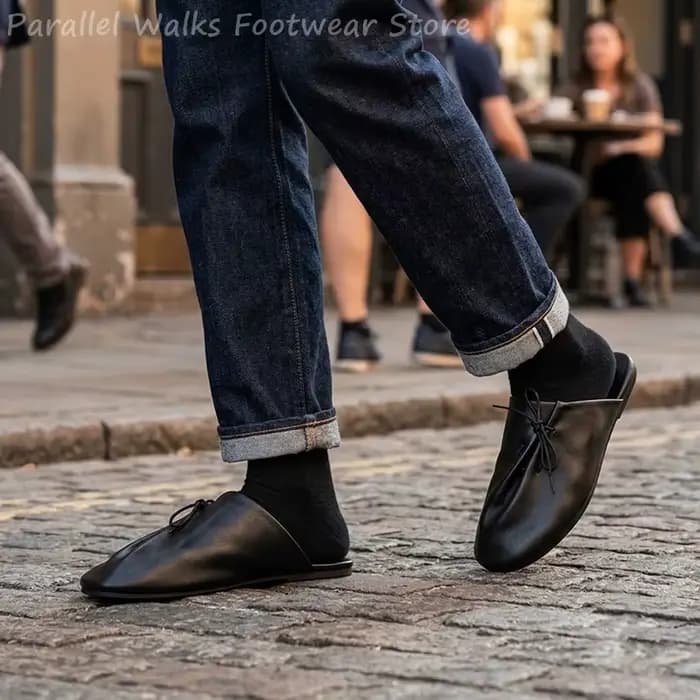 Mules Cyberpunk pour hommes en cuir souple plissé noir et marron, à lacets et sans talon, confortables pour la marche, chaussures décontractées