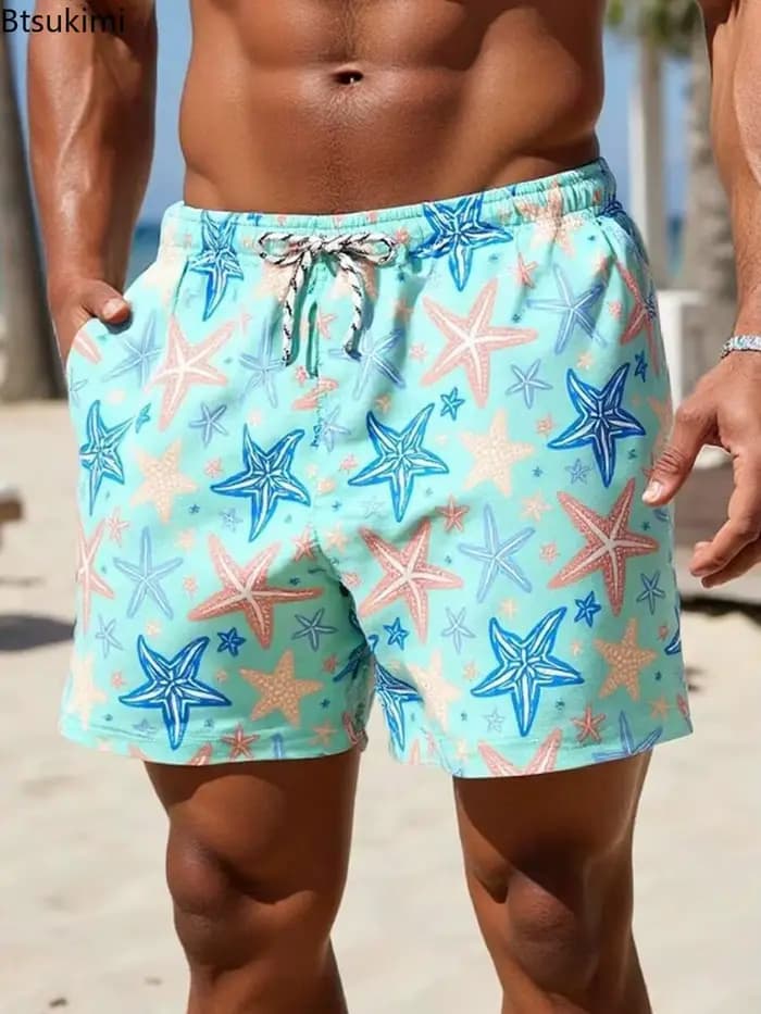 Nouveauté 2026 Shorts de plage décontractés pour hommes, coupe droite ample avec cordon de serrage, imprimés tendance
