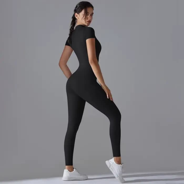 Combinaisons de Yoga à manches courtes pour femmes, coupe cintrée, extensible, une pièce, barboteuse Sexy, Fitness, vêtements de sport de base, fermeture éclair noire pour dames