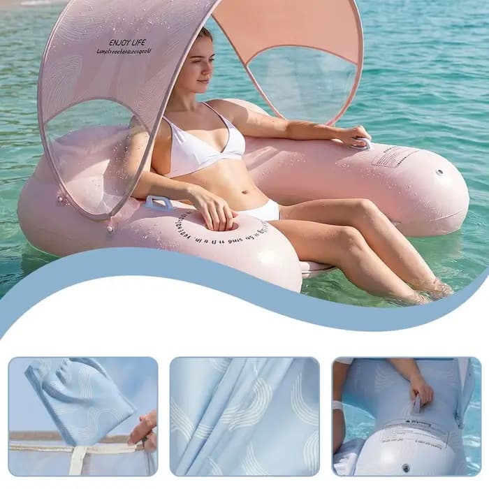 Chaise longue gonflable flottante pour piscine avec pare-soleil amovible, protection UV, porte-gobelet, pour l'été, la plage et les activités de plein air