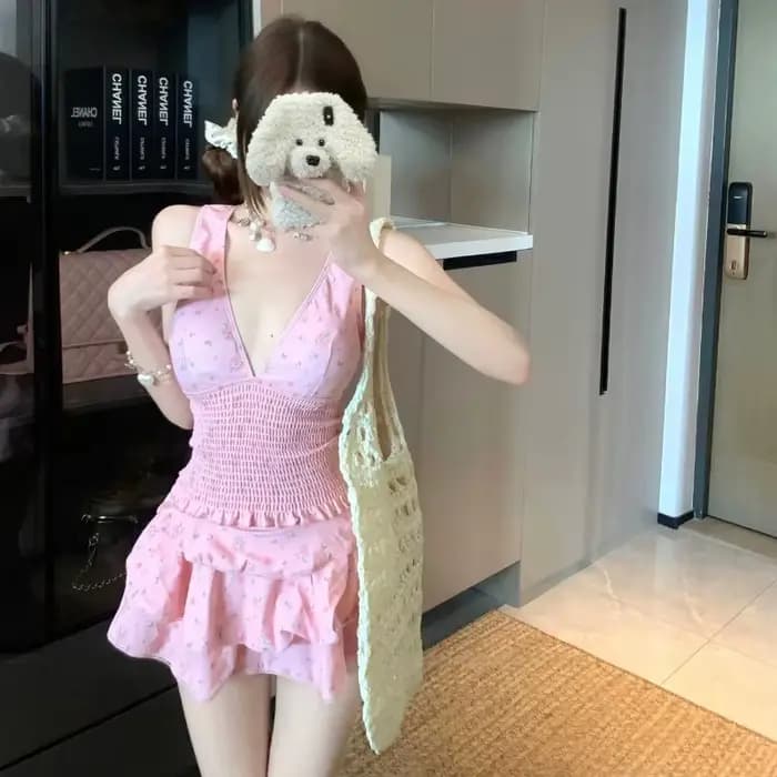 Maillot de bain deux pièces rose à fleurs pour femme