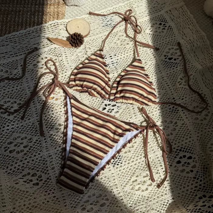 Ensemble bikini rayé pour femmes, maillot de bain sexy, triangle fendu, à lacets, push-up, maillot de bain d'été pour femmes