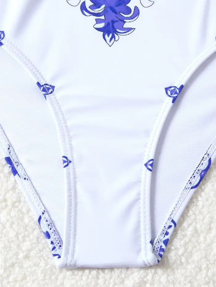 Maillot de bain une pièce moulant pour femme, imprimé porcelaine bleu et blanc, avec ensemble de paréo, pour les vacances à la plage