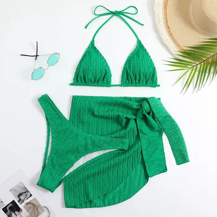 2025 été licou Bikini 3 pièces femmes matériel spécial Sexy string maillots de bain avec jupe Sarong
