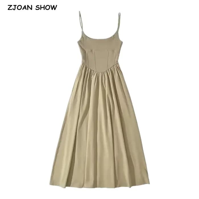 Robe midi rétro Hepburn à col en U en jersey, avec empiècements plissés et froncés, style corset taille basse, longue robe à bretelles pour femme, idéale pour les vacances