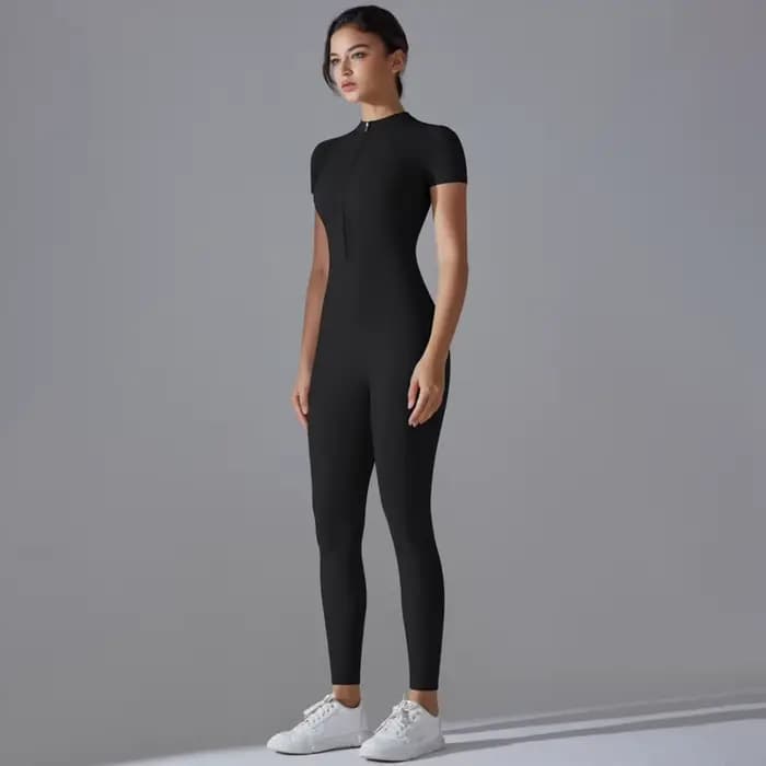 Combinaisons de Yoga à manches courtes pour femmes, coupe cintrée, extensible, une pièce, barboteuse Sexy, Fitness, vêtements de sport de base, fermeture éclair noire pour dames