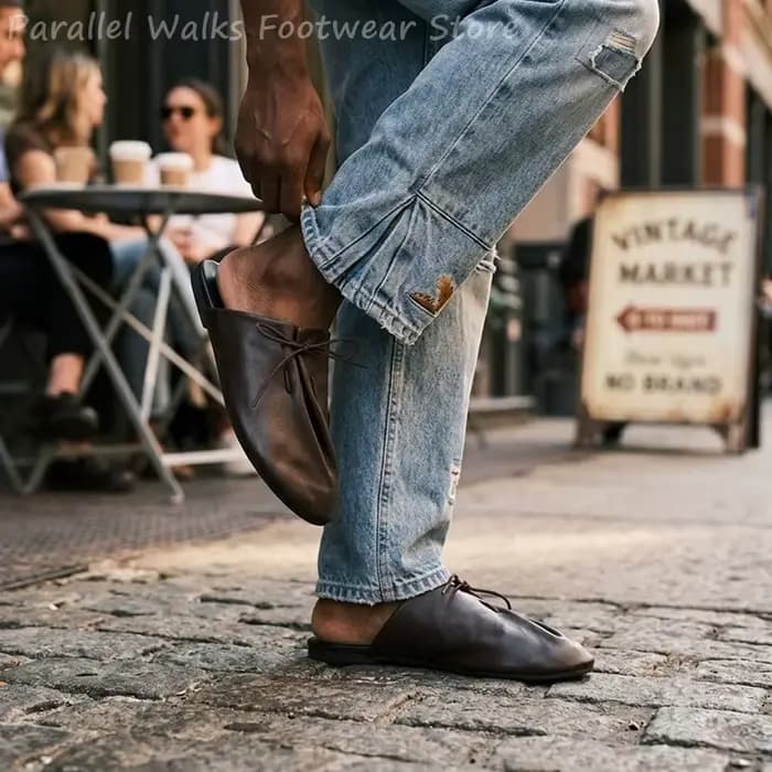 Mules Cyberpunk pour hommes en cuir souple plissé noir et marron, à lacets et sans talon, confortables pour la marche, chaussures décontractées