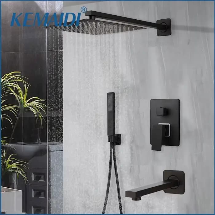 EllMAIDI-Système de douche à effet pluie avec bec de baignoire, ensemble de douche à 3 voies, pommeau de douche à effet pluie canonique, noir, HO2