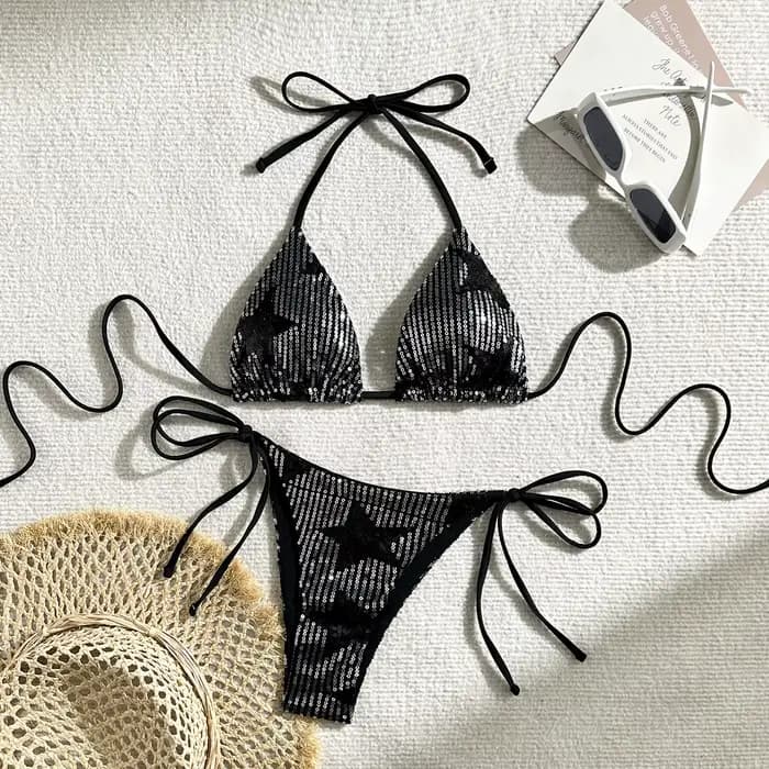Ensemble bikini dos nu à sequins brillants pour femme 2026, maillot de bain deux pièces brésilien, tenue de plage