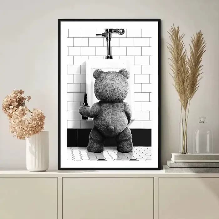 Affiche décorative murale en toile imprimée, motif ours mignon noir et blanc, pour salle de bain, décoration moderne et tendance pour chambre, maison et toilettes