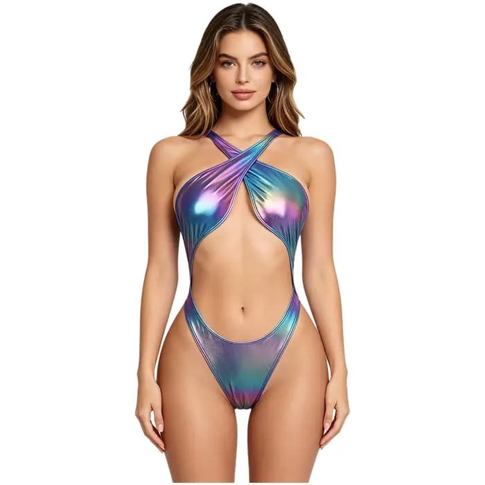 Maillot de bain une pièce métallisé irisé pour femme avec coussinets de poitrine, bretelles croisées et dos nu, idéal pour la plage, la piscine et le soleil.