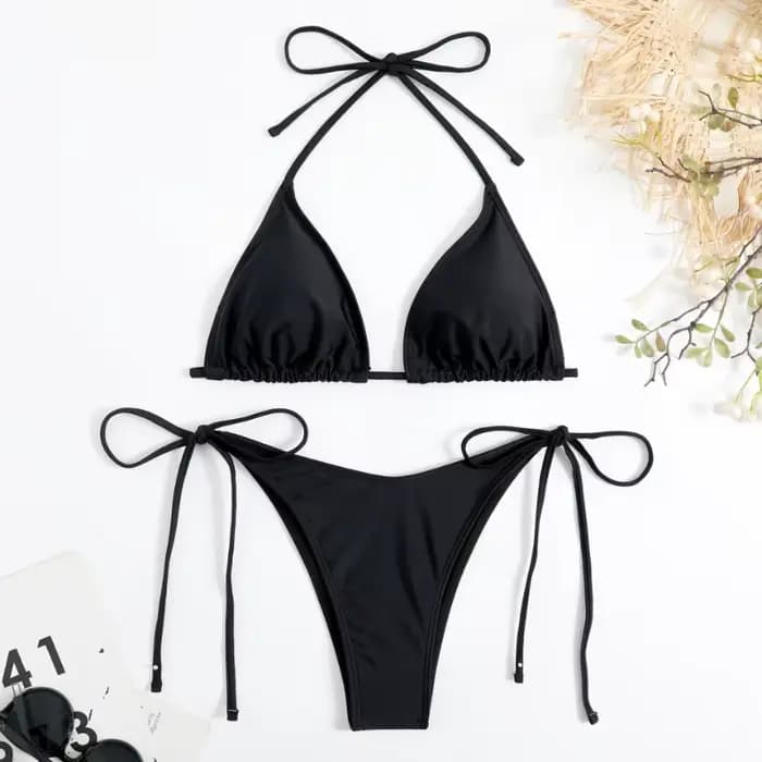 Sexy femmes string couleur unie Bikini ensemble côté licou cravate maillot de bain dames sangle fendue réglable