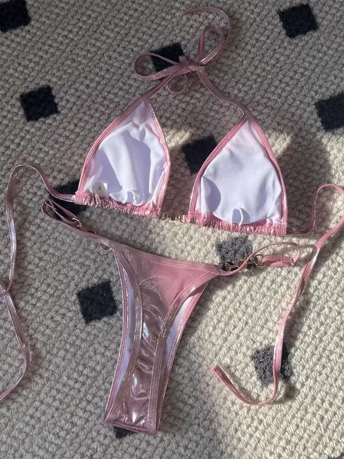Micro bikini rose brillant 2026 pour femme, sexy, en PU, avec perles, push-up, string, maillot de bain d'été, bandage, pour les vacances