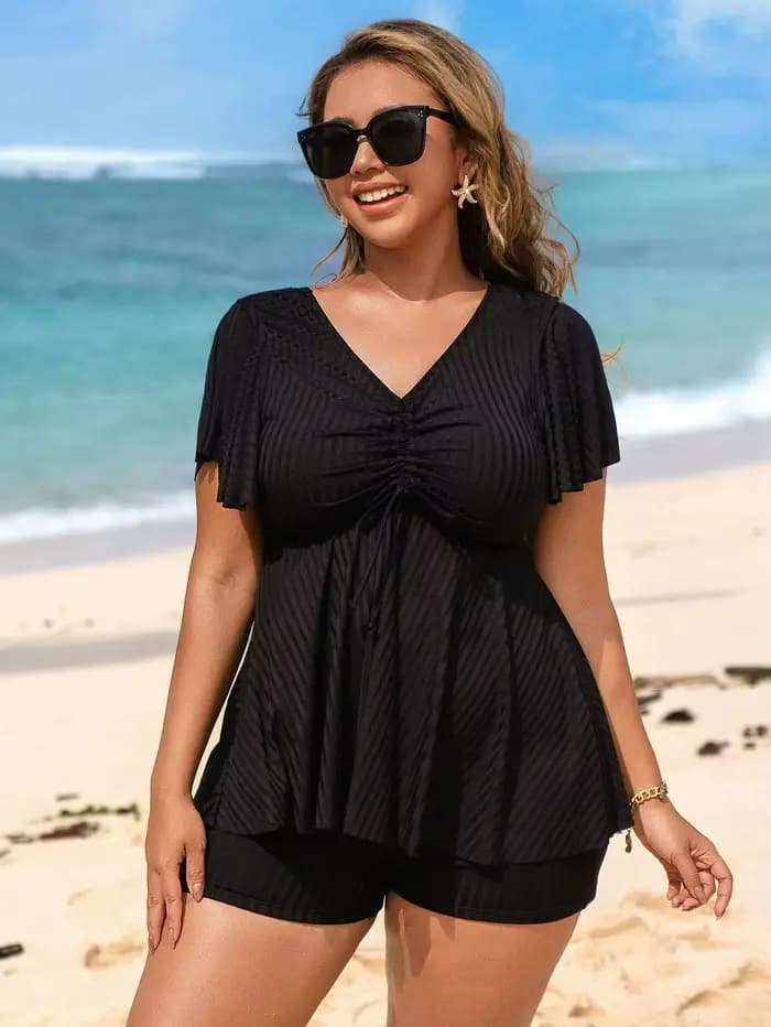Maillot de bain deux pièces femme grande taille 2025 noir solide Tankini ensemble