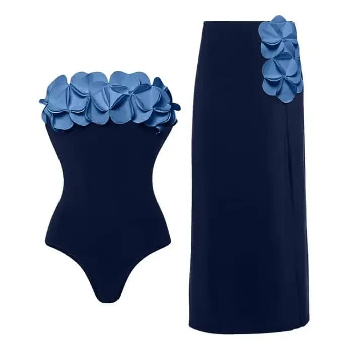 Été une pièce maillot de bain et jupe Flaxmaker 2025 Sexy hors de l'épaule Bandeau 3D fleur élégant maillots